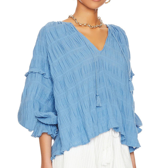 Cleobella Azariah Long Sleeve Smocked Split Neck Blouse Blue S - Picture 1 of 12